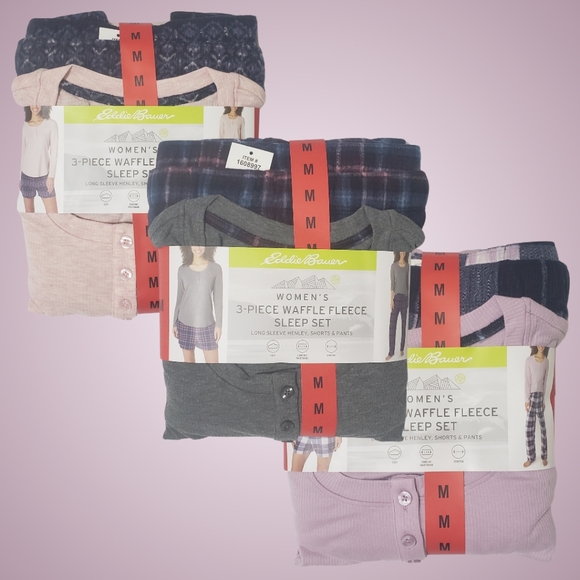 3 Eddie Bauer Pajama Sets Waffle Fleece 3-Piece Gray/Pink/Purple Bundle 🍁🍂 - Picture 1 of 7